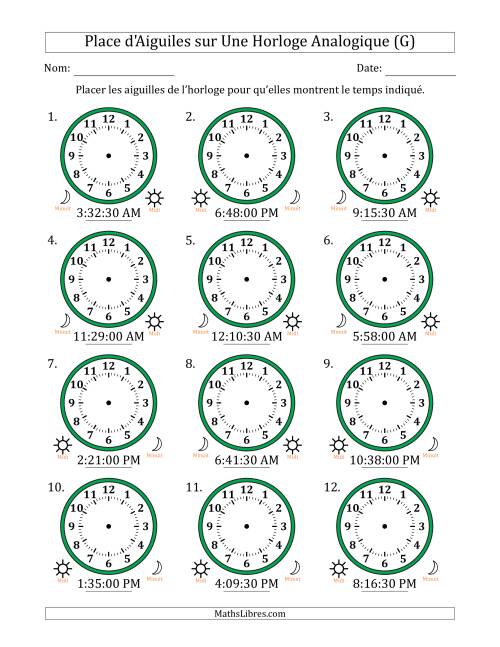 Place d'Aiguiles sur Une Horloge Analogique utilisant le système horaire sur 12 heures avec 30 Secondes d'Intervalle (12 Horloges) (G)
