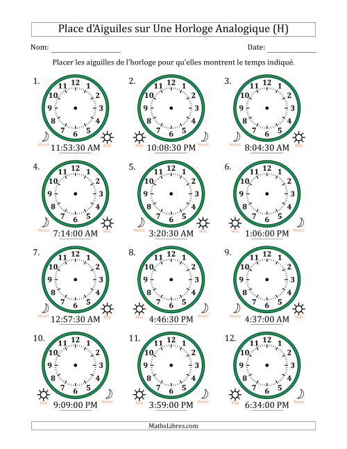 Place d'Aiguiles sur Une Horloge Analogique utilisant le système horaire sur 12 heures avec 30 Secondes d'Intervalle (12 Horloges) (H)