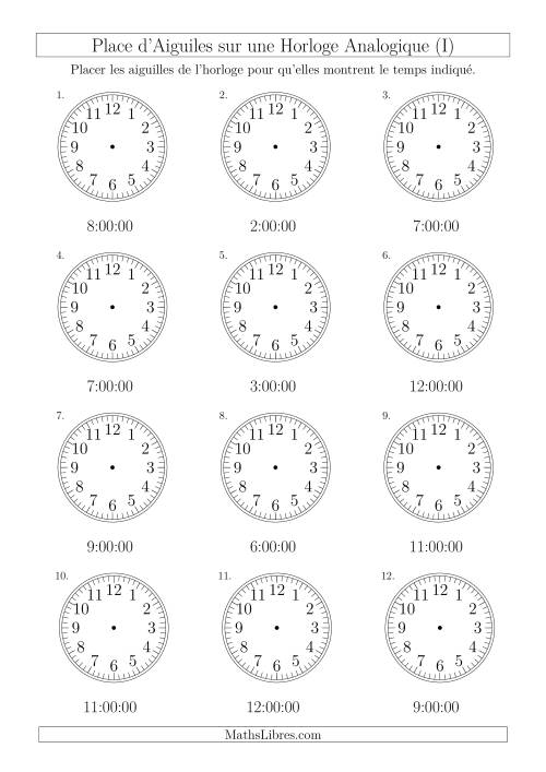 Place d'Aiguiles sur Une Horloge Analogique avec 60 Minutes  & Secondes d'Intervalle (12 Horloges) (I)