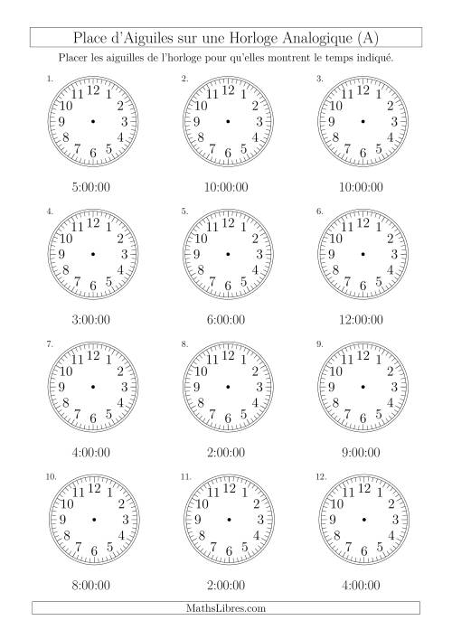 Place d'Aiguiles sur Une Horloge Analogique avec 60 Minutes  & Secondes d'Intervalle (12 Horloges) (Tout)