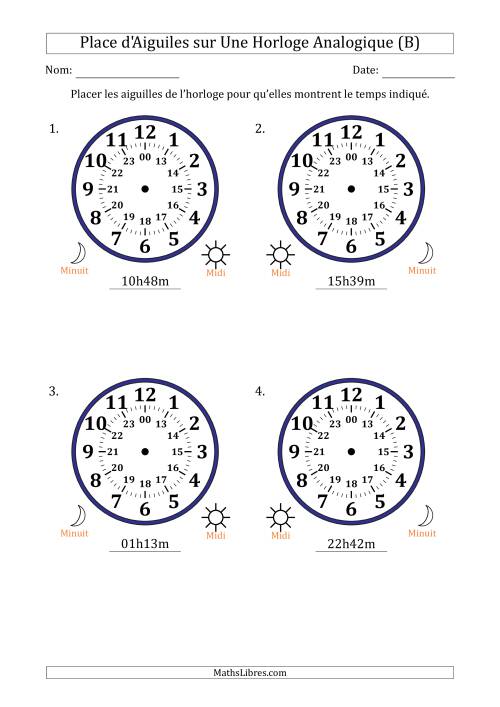 Place d'Aiguiles sur Une Horloge Analogique utilisant le système horaire sur 24 heures avec 1 Minutes d'Intervalle (4 Horloges) (B)