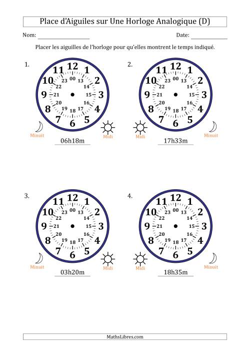 Place d'Aiguiles sur Une Horloge Analogique utilisant le système horaire sur 24 heures avec 1 Minutes d'Intervalle (4 Horloges) (D)