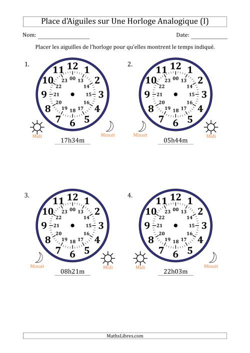 Place d'Aiguiles sur Une Horloge Analogique utilisant le système horaire sur 24 heures avec 1 Minutes d'Intervalle (4 Horloges) (I)