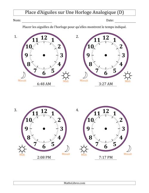 Place d'Aiguiles sur Une Horloge Analogique utilisant le système horaire sur 12 heures avec 1 Minutes d'Intervalle (4 Horloges) (D)