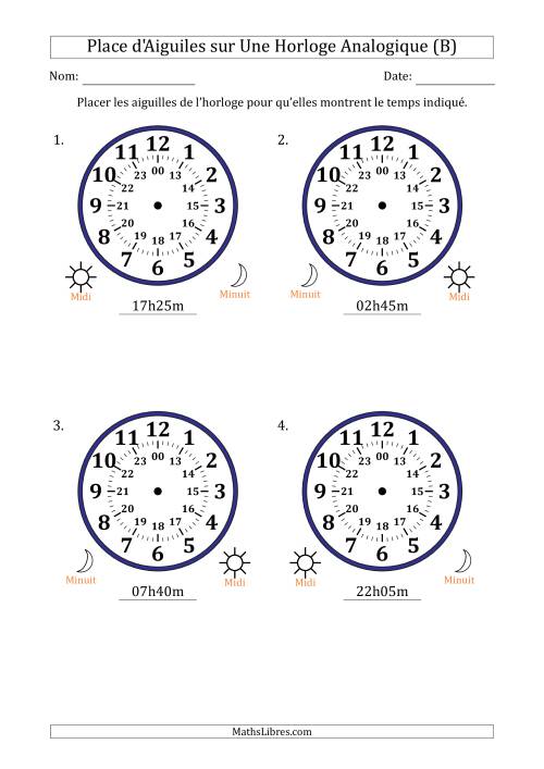 Place d'Aiguiles sur Une Horloge Analogique utilisant le système horaire sur 24 heures avec 5 Minutes d'Intervalle (4 Horloges) (B)