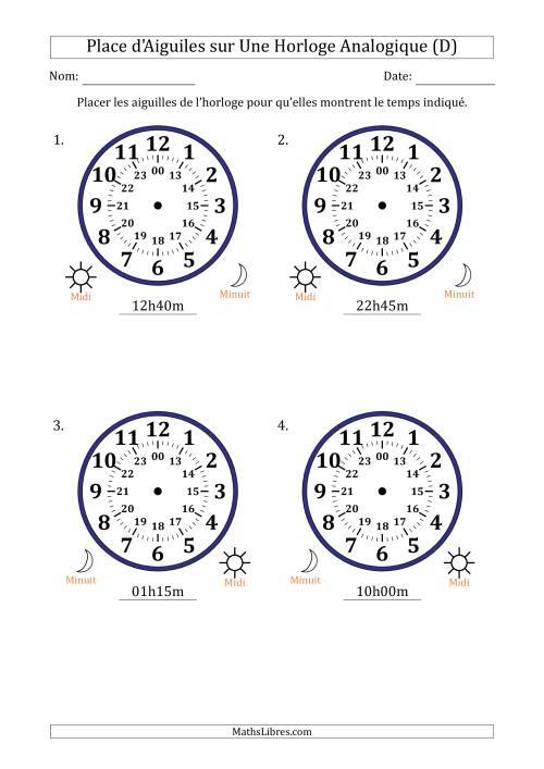 Place d'Aiguiles sur Une Horloge Analogique utilisant le système horaire sur 24 heures avec 5 Minutes d'Intervalle (4 Horloges) (D)