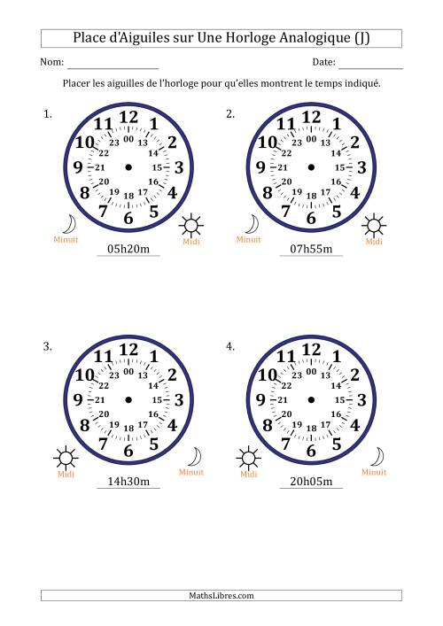 Place d'Aiguiles sur Une Horloge Analogique utilisant le système horaire sur 24 heures avec 5 Minutes d'Intervalle (4 Horloges) (J)