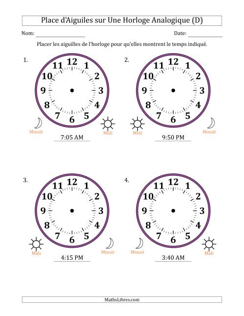 Place d'Aiguiles sur Une Horloge Analogique utilisant le système horaire sur 12 heures avec 5 Minutes d'Intervalle (4 Horloges) (D)