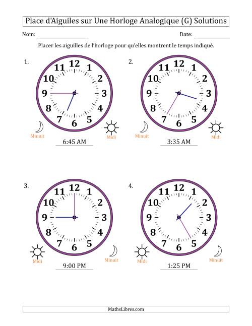 Place d'Aiguiles sur Une Horloge Analogique utilisant le système horaire sur 12 heures avec 5 Minutes d'Intervalle (4 Horloges) (G) page 2