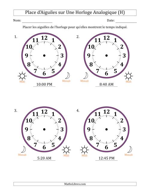 Place d'Aiguiles sur Une Horloge Analogique utilisant le système horaire sur 12 heures avec 5 Minutes d'Intervalle (4 Horloges) (H)