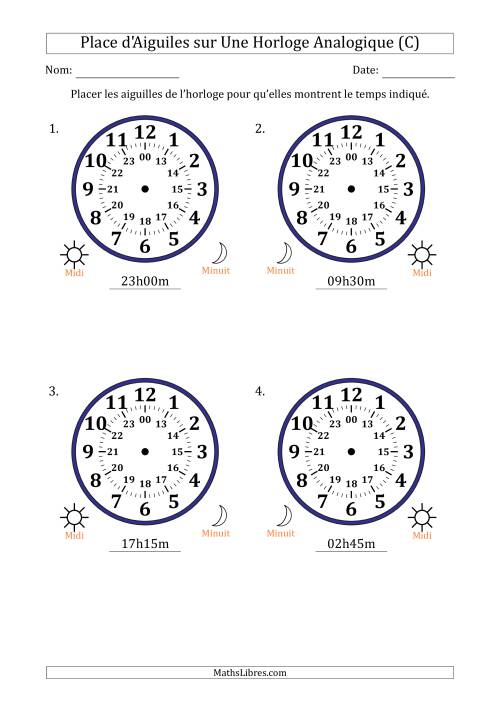 Place d'Aiguiles sur Une Horloge Analogique utilisant le système horaire sur 24 heures avec 15 Minutes d'Intervalle (4 Horloges) (C)