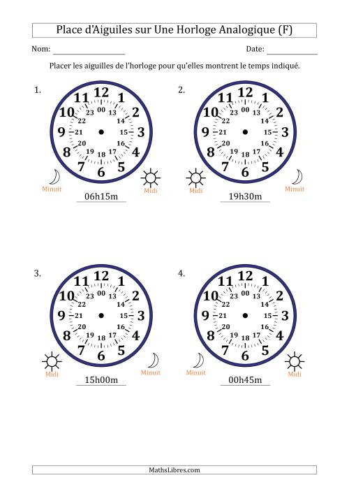 Place d'Aiguiles sur Une Horloge Analogique utilisant le système horaire sur 24 heures avec 15 Minutes d'Intervalle (4 Horloges) (F)
