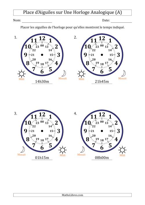Place d'Aiguiles sur Une Horloge Analogique utilisant le système horaire sur 24 heures avec 15 Minutes d'Intervalle (4 Horloges) (Tout)