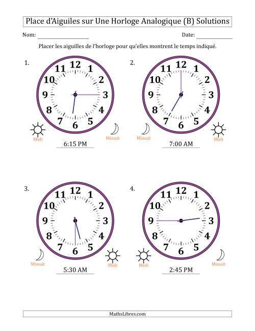Place d'Aiguiles sur Une Horloge Analogique utilisant le système horaire sur 12 heures avec 15 Minutes d'Intervalle (4 Horloges) (B) page 2