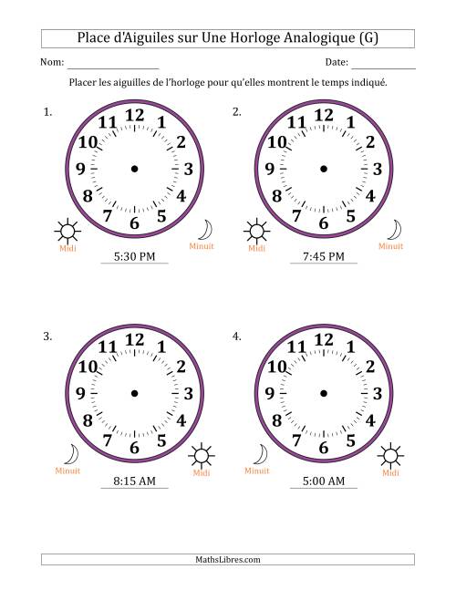 Place d'Aiguiles sur Une Horloge Analogique utilisant le système horaire sur 12 heures avec 15 Minutes d'Intervalle (4 Horloges) (G)