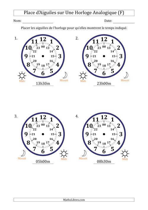 Place d'Aiguiles sur Une Horloge Analogique utilisant le système horaire sur 24 heures avec 30 Minutes d'Intervalle (4 Horloges) (F)