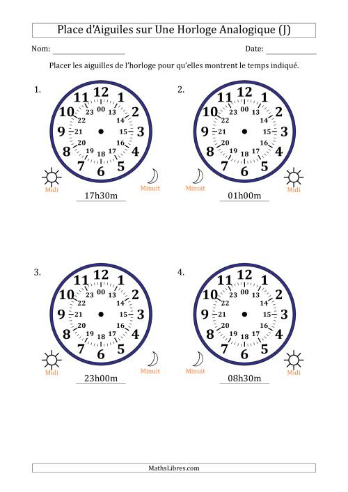 Place d'Aiguiles sur Une Horloge Analogique utilisant le système horaire sur 24 heures avec 30 Minutes d'Intervalle (4 Horloges) (J)