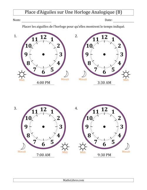 Place d'Aiguiles sur Une Horloge Analogique utilisant le système horaire sur 12 heures avec 30 Minutes d'Intervalle (4 Horloges) (B)