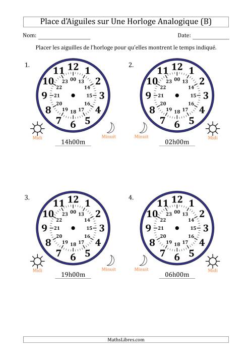 Place d'Aiguiles sur Une Horloge Analogique utilisant le système horaire sur 24 heures avec 1 Heures d'Intervalle (4 Horloges) (B)