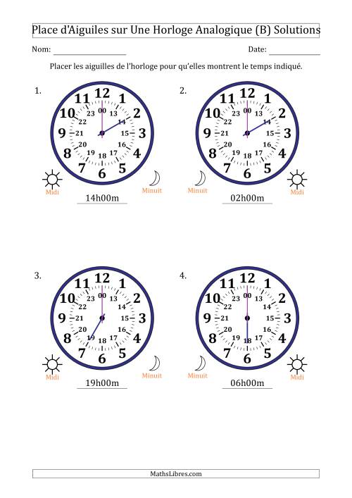 Place d'Aiguiles sur Une Horloge Analogique utilisant le système horaire sur 24 heures avec 1 Heures d'Intervalle (4 Horloges) (B) page 2