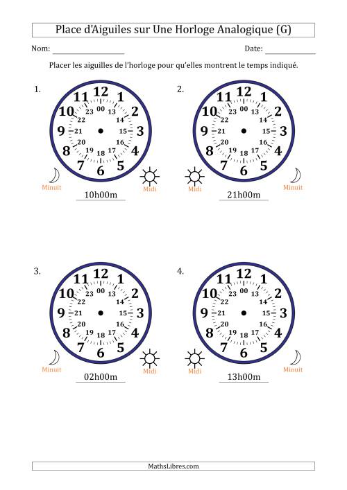 Place d'Aiguiles sur Une Horloge Analogique utilisant le système horaire sur 24 heures avec 1 Heures d'Intervalle (4 Horloges) (G)