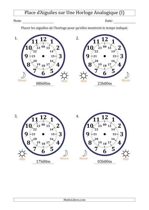 Place d'Aiguiles sur Une Horloge Analogique utilisant le système horaire sur 24 heures avec 1 Heures d'Intervalle (4 Horloges) (I)