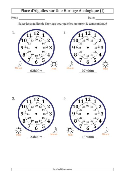Place d'Aiguiles sur Une Horloge Analogique utilisant le système horaire sur 24 heures avec 1 Heures d'Intervalle (4 Horloges) (J)