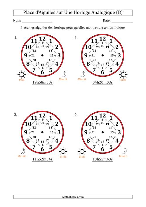 Place d'Aiguiles sur Une Horloge Analogique utilisant le système horaire sur 24 heures avec 1 Secondes d'Intervalle (4 Horloges) (B)