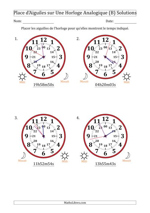 Place d'Aiguiles sur Une Horloge Analogique utilisant le système horaire sur 24 heures avec 1 Secondes d'Intervalle (4 Horloges) (B) page 2