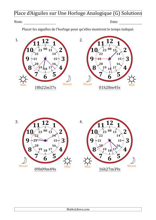 Place d'Aiguiles sur Une Horloge Analogique utilisant le système horaire sur 24 heures avec 1 Secondes d'Intervalle (4 Horloges) (G) page 2