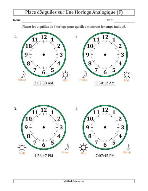 Place d'Aiguiles sur Une Horloge Analogique utilisant le système horaire sur 12 heures avec 1 Secondes d'Intervalle (4 Horloges) (F)