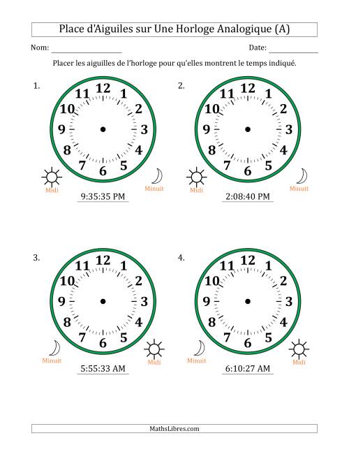 Place d'Aiguiles sur Une Horloge Analogique utilisant le système horaire sur 12 heures avec 1 Secondes d'Intervalle (4 Horloges) (Tout)
