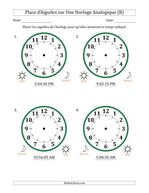 Place d'Aiguiles sur Une Horloge Analogique utilisant le système horaire sur 12 heures avec 5 Secondes d'Intervalle (4 Horloges) (B)