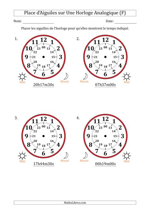 Place d'Aiguiles sur Une Horloge Analogique utilisant le système horaire sur 24 heures avec 30 Secondes d'Intervalle (4 Horloges) (F)