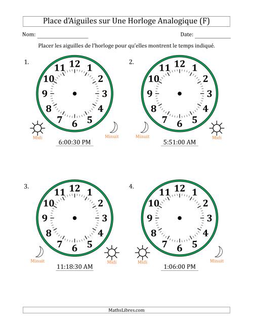 Place d'Aiguiles sur Une Horloge Analogique utilisant le système horaire sur 12 heures avec 30 Secondes d'Intervalle (4 Horloges) (F)