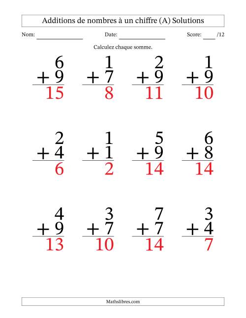 12 questions d'addition de nombres à un chiffre quelques unes avec retenue. (A) page 2
