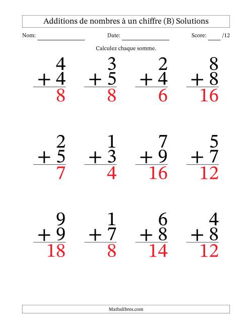 12 questions d'addition de nombres à un chiffre quelques unes avec retenue. (B) page 2