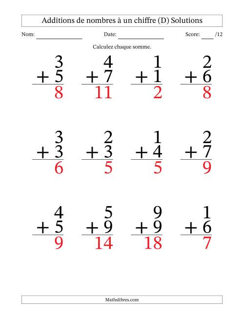 12 questions d'addition de nombres à un chiffre quelques unes avec retenue. (D) page 2