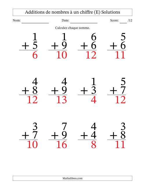 12 questions d'addition de nombres à un chiffre quelques unes avec retenue. (E) page 2