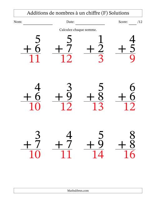 12 questions d'addition de nombres à un chiffre quelques unes avec retenue. (F) page 2