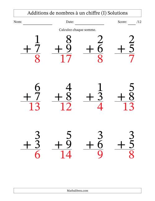 12 questions d'addition de nombres à un chiffre quelques unes avec retenue. (I) page 2
