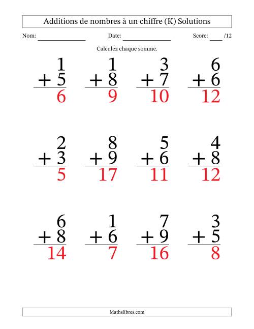 12 questions d'addition de nombres à un chiffre quelques unes avec retenue. (K) page 2