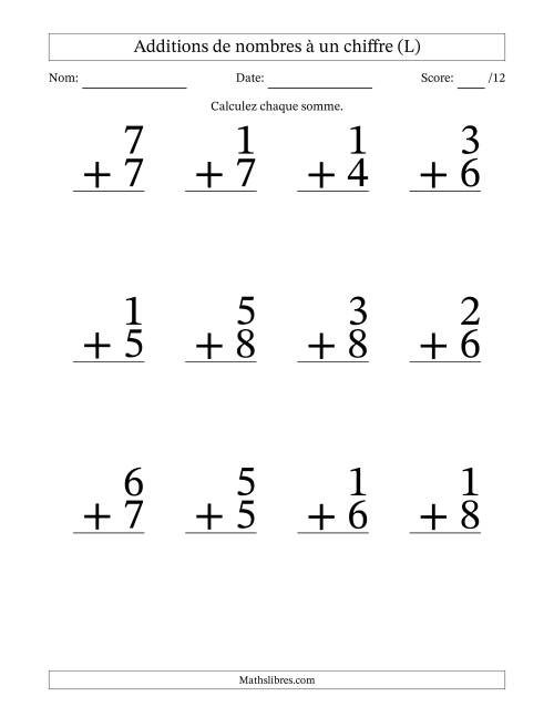 12 questions d'addition de nombres à un chiffre quelques unes avec retenue. (L)