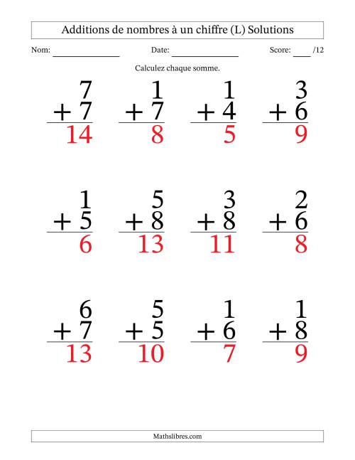 12 questions d'addition de nombres à un chiffre quelques unes avec retenue. (L) page 2