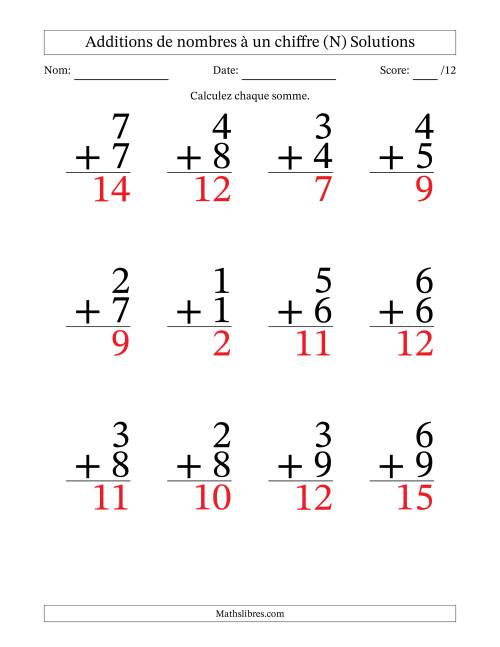 12 questions d'addition de nombres à un chiffre quelques unes avec retenue. (N) page 2
