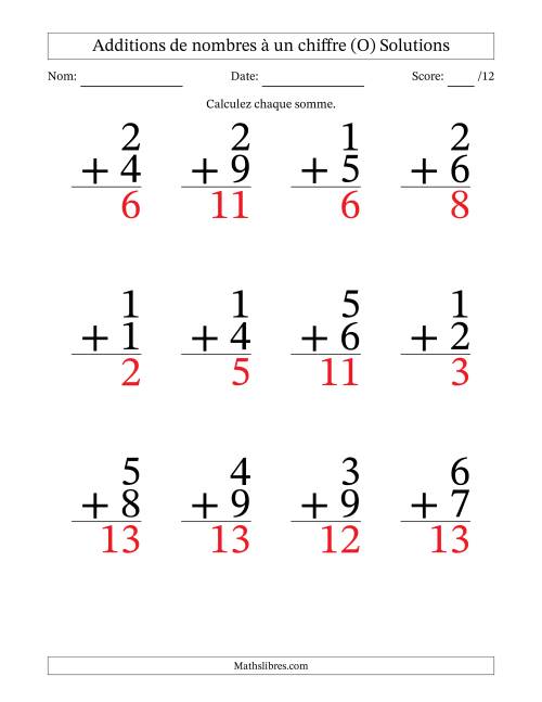 12 questions d'addition de nombres à un chiffre quelques unes avec retenue. (O) page 2