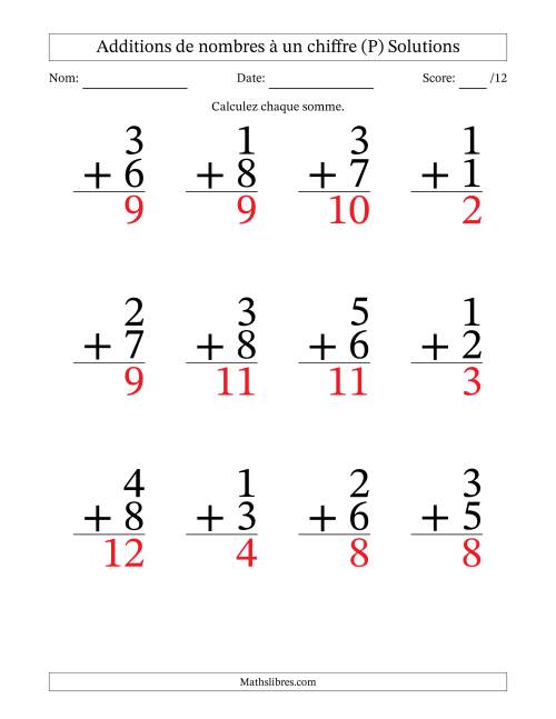 12 questions d'addition de nombres à un chiffre quelques unes avec retenue. (P) page 2