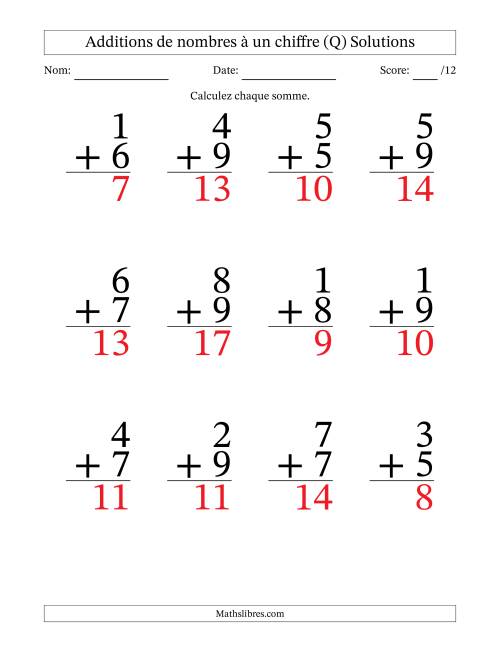 12 questions d'addition de nombres à un chiffre quelques unes avec retenue. (Q) page 2