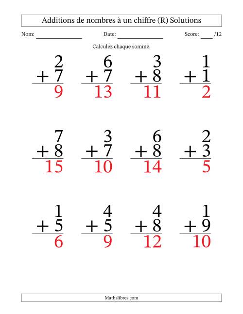 12 questions d'addition de nombres à un chiffre quelques unes avec retenue. (R) page 2