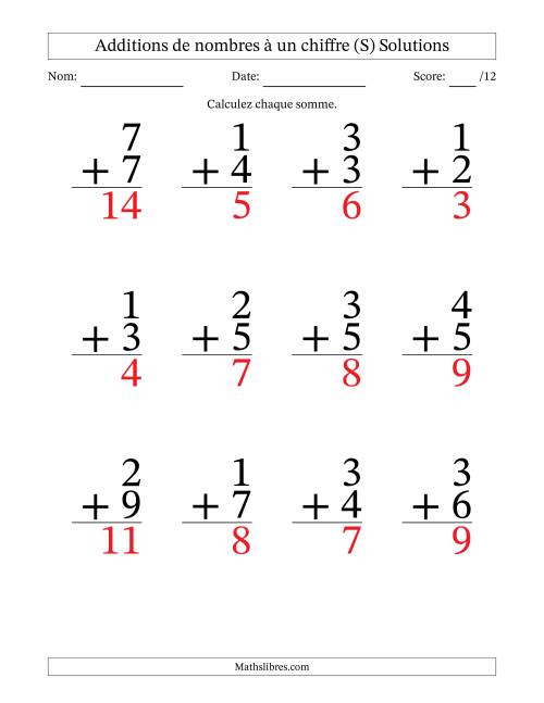 12 questions d'addition de nombres à un chiffre quelques unes avec retenue. (S) page 2